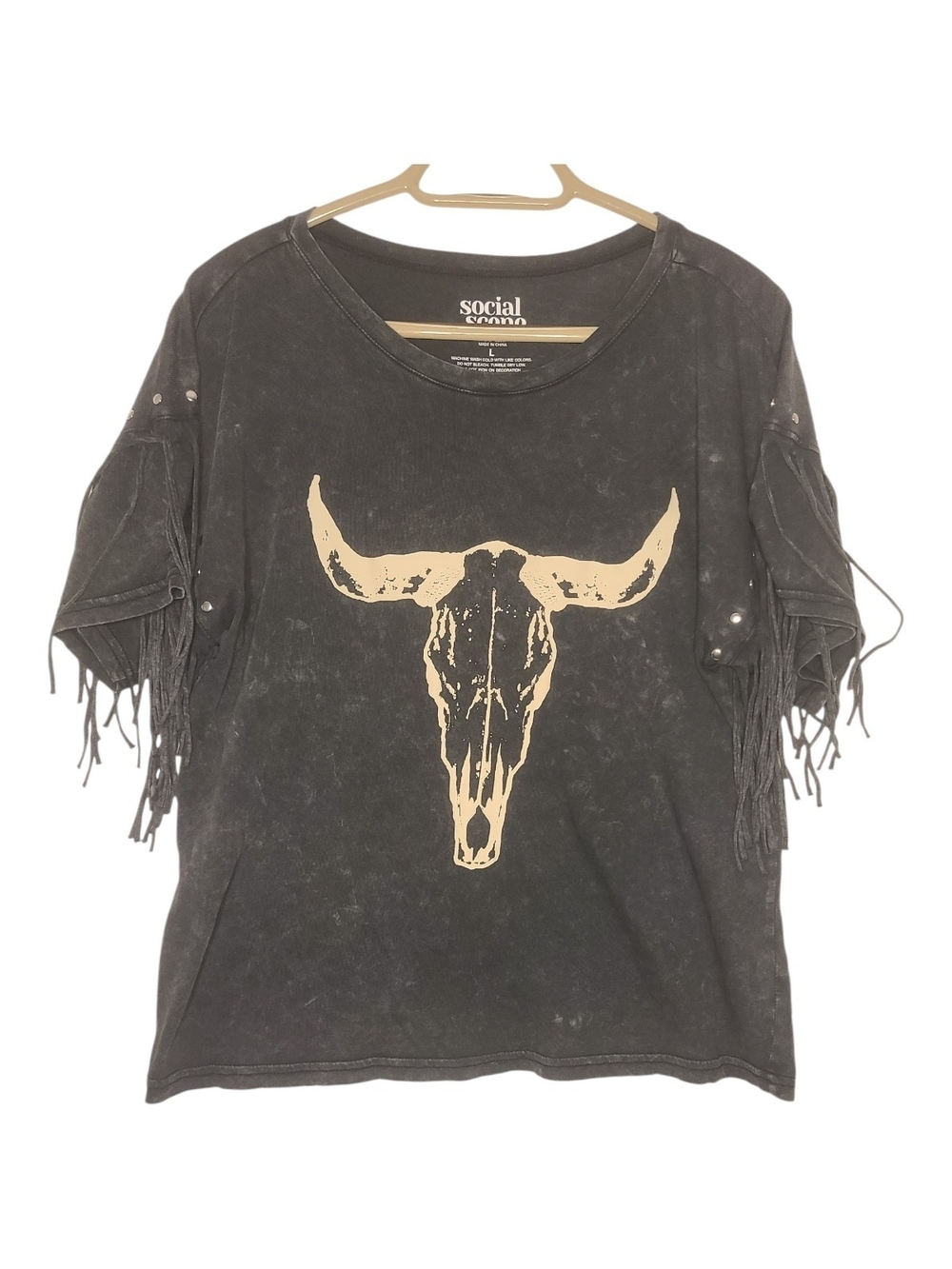 Social Scene Acid Wash Western Skull Fringe Studded Top L